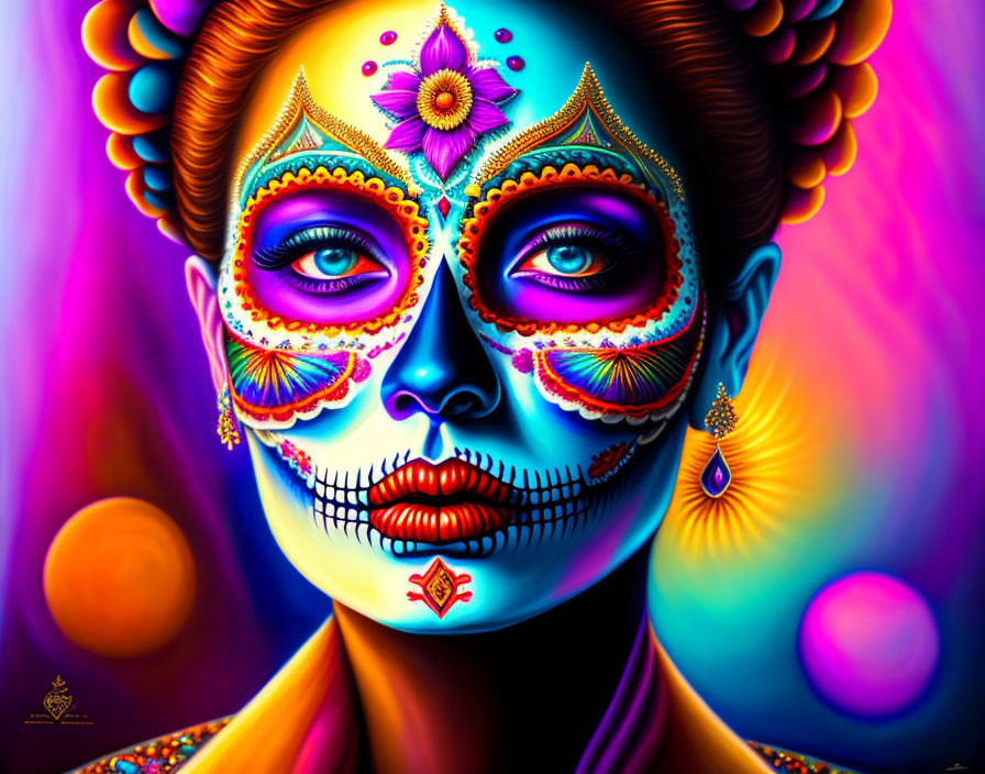 Vibrant Day of the Dead sugar skull makeup with floral and skeletal design