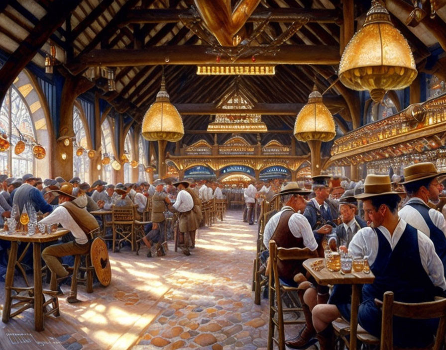 Vintage Attire Patrons in Ornate Beer Hall