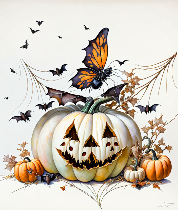 Carved pumpkin with bats, leaves, pumpkins, and butterfly art.