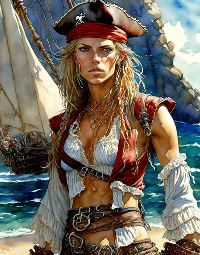 Illustration of female pirate with red headband and white blouse by the sea