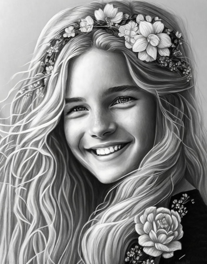 Monochrome drawing of smiling young girl with wavy hair and floral headband