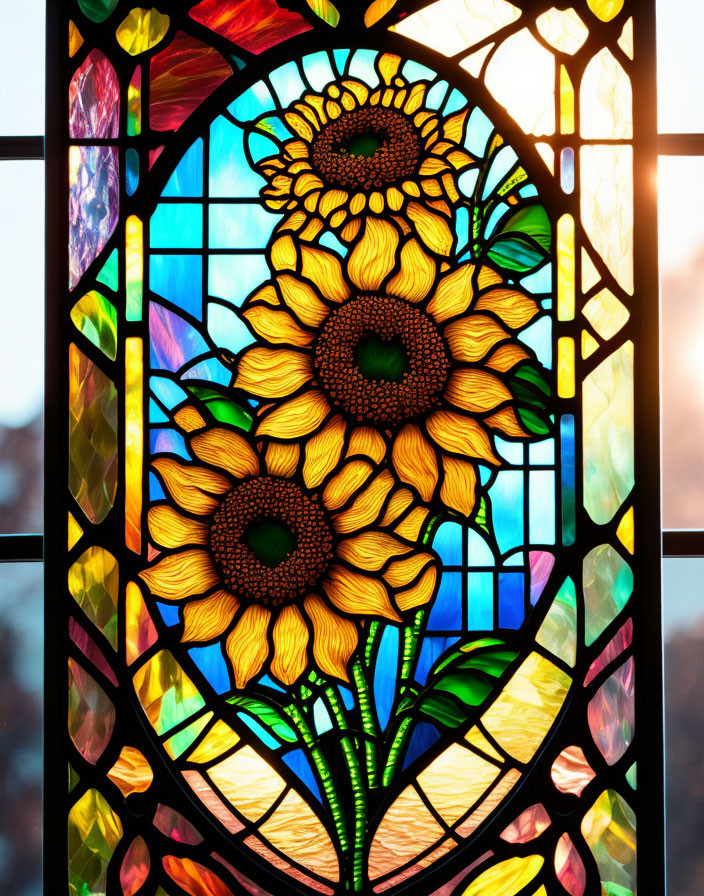 Colorful sunflower stained glass window with sunset sky backdrop