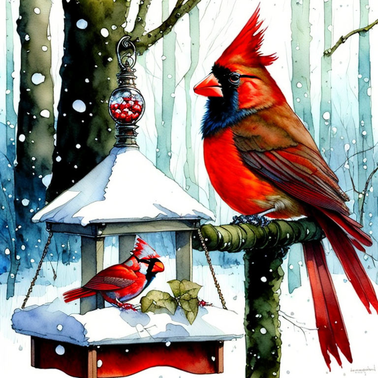 Red Cardinals on Snow-Covered Birdfeeder in Winter Scene