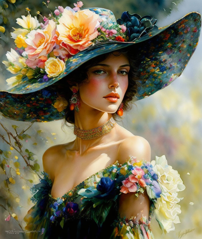 Woman in Floral Hat and Dress Surrounded by Vibrant Colors