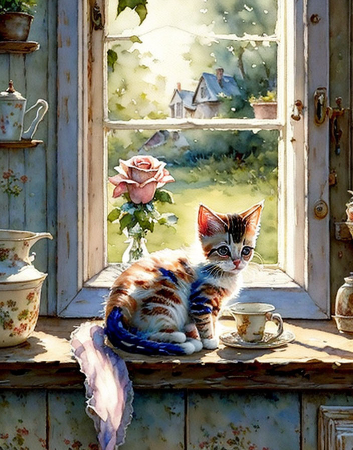 Vibrant painting of a kitten by a sunny windowsill with a tea cup and rose.