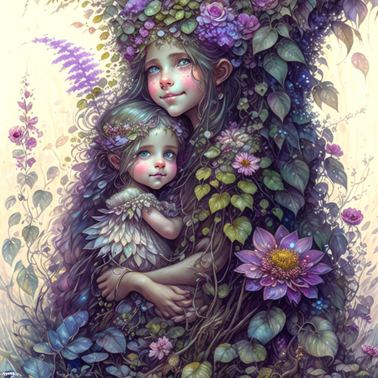 Ethereal girls with wings in nature embrace surrounded by lush flowers