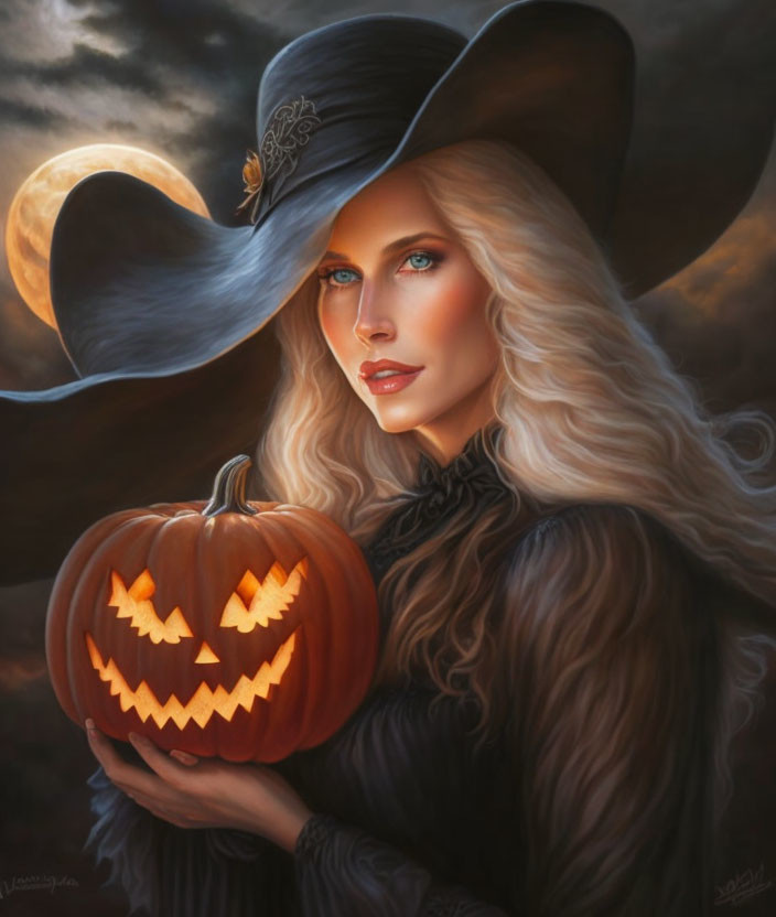 Blonde woman in witch's hat with glowing pumpkin on moonlit night