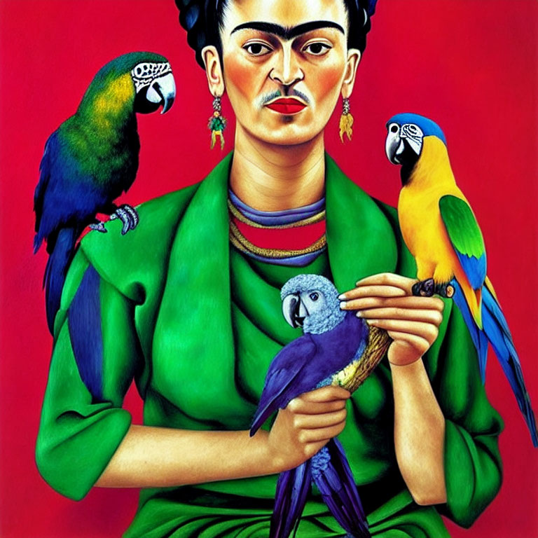 Portrait of woman with unibrow holding blue parrot in green garment