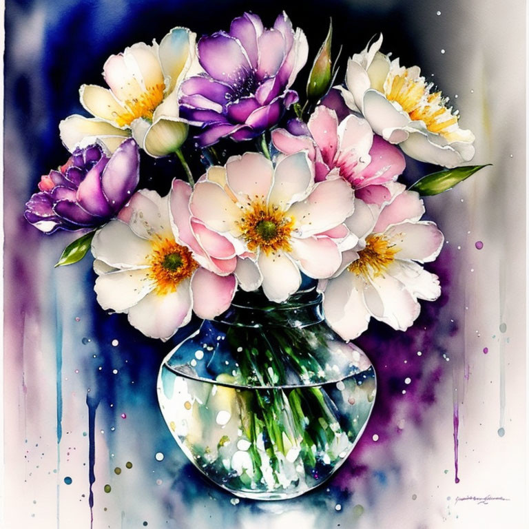 Colorful Watercolor Painting of Flowers in Round Vase on Blue Background