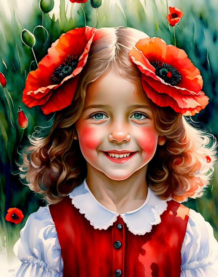 Smiling young girl portrait with blue eyes and red poppies in hair