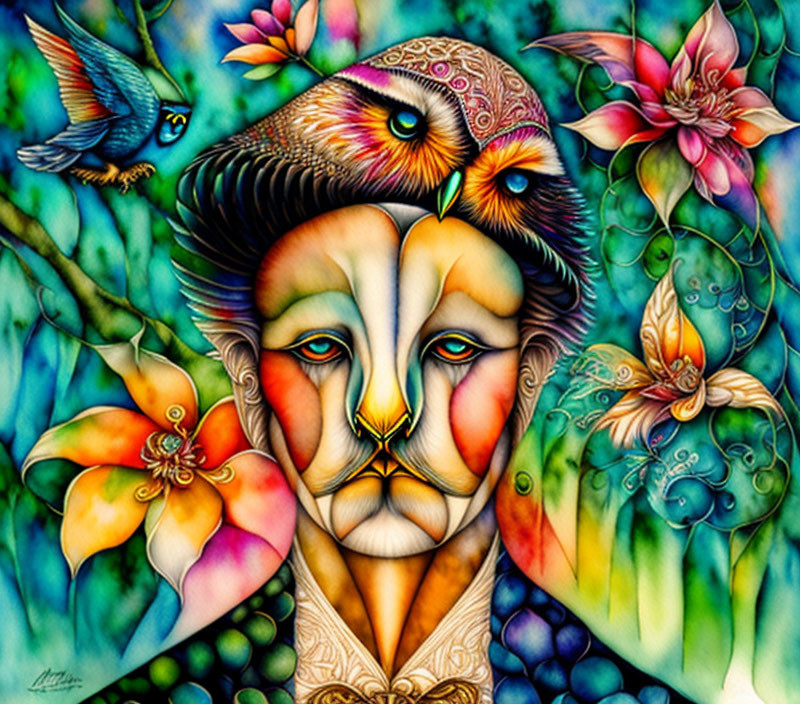 Colorful Lion Face Artwork with Human-Like Eyes in Flower Jungle