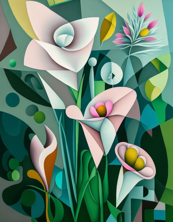 Geometric floral painting in greens, whites, pinks, and yellows