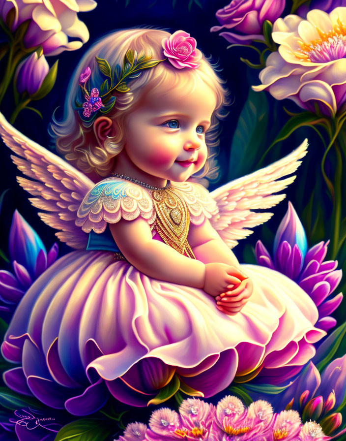 Colorful Baby Angel Illustration Among Pink Flowers