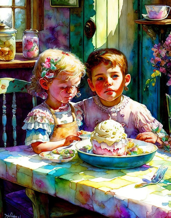 Children admiring ice cream on vibrant table with flowers.