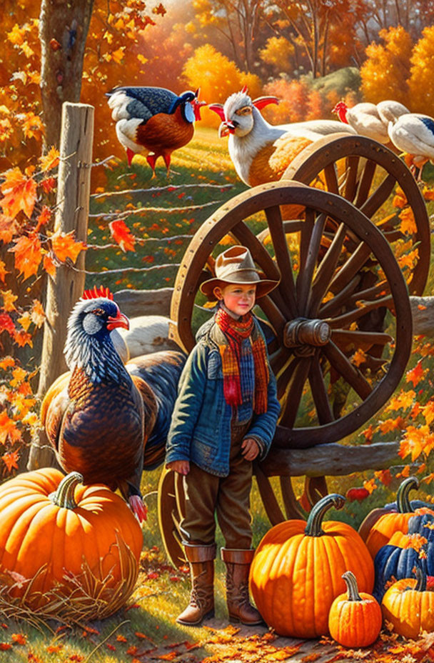 Child in autumn attire with pumpkins and guinea fowl in fall setting