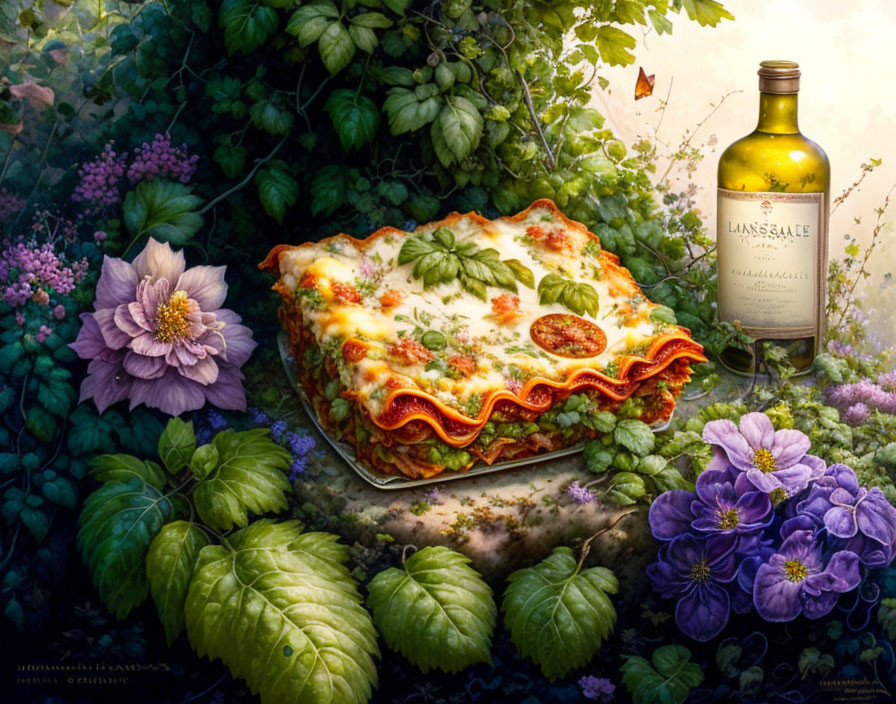 Lasagna surrounded by greenery and wine in sunlight