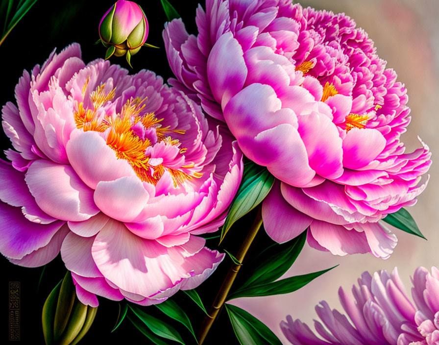 Pink peonies with lush petals and golden stamens on soft-focus background