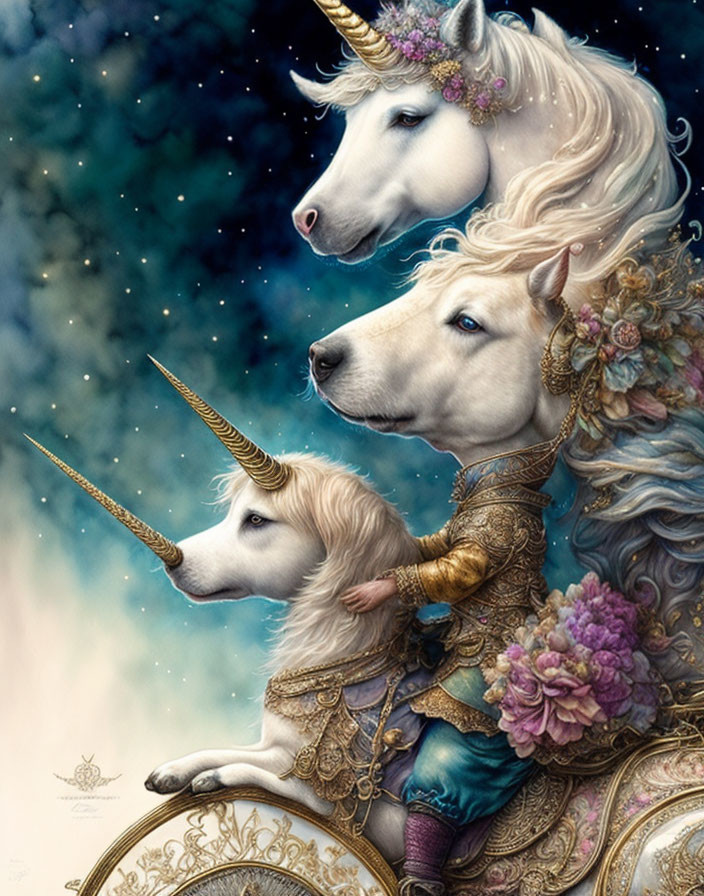 Three white unicorns with golden horns in elegant floral armor against a starry backdrop