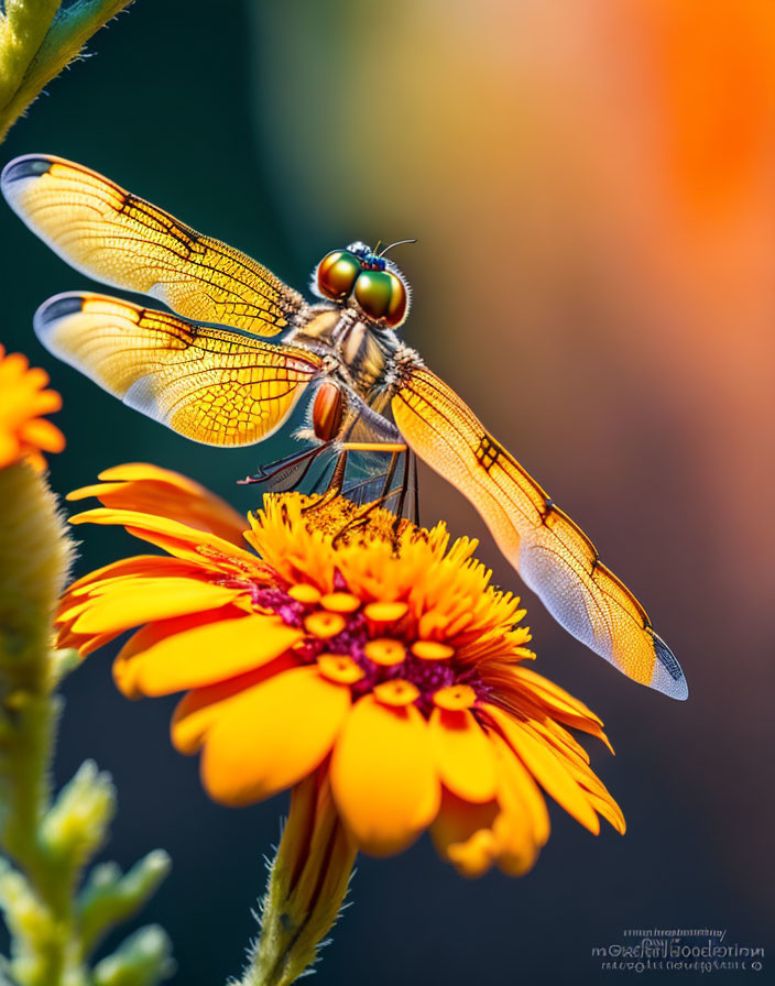 Colorful dragonfly on orange and yellow flower with blurred background