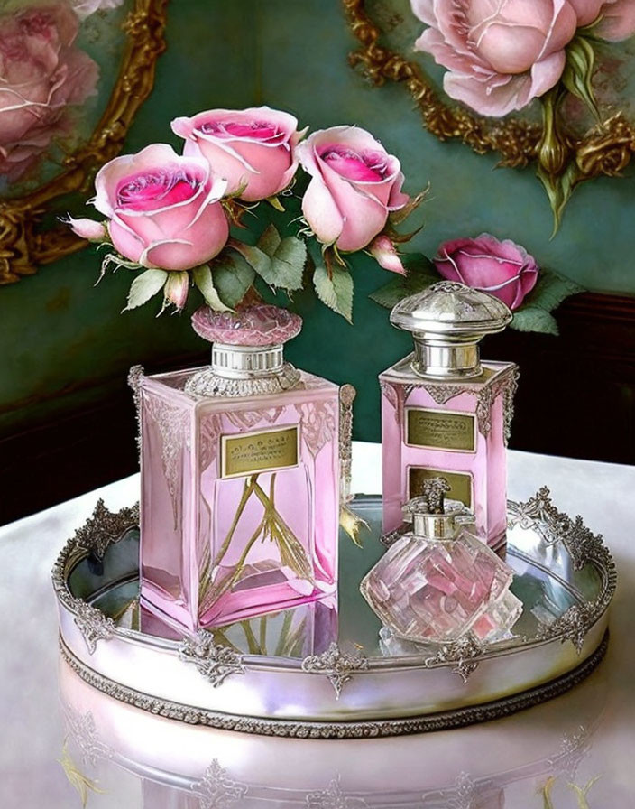 Pink perfume bottles with metallic details on silver tray with pink roses and floral backdrop