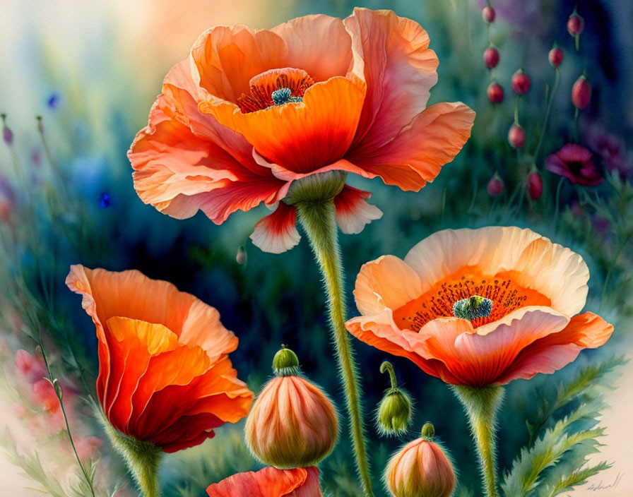 Colorful blooming orange poppies on soft, multi-colored backdrop