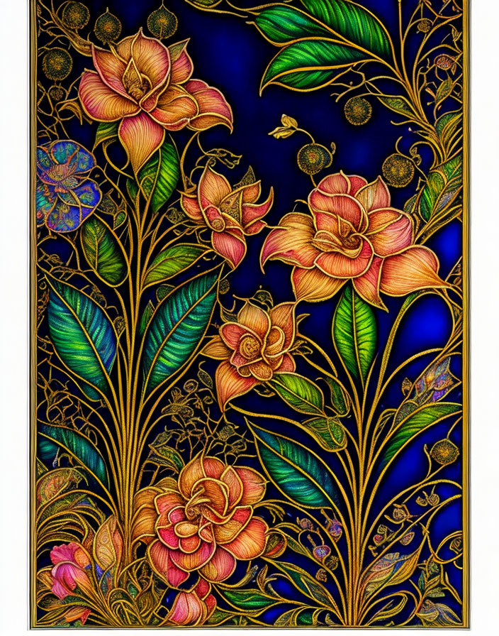 Floral illustration: Gold line art on deep blue background