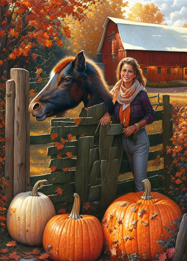 Smiling woman with pumpkins, horse, and red barn in autumn scene