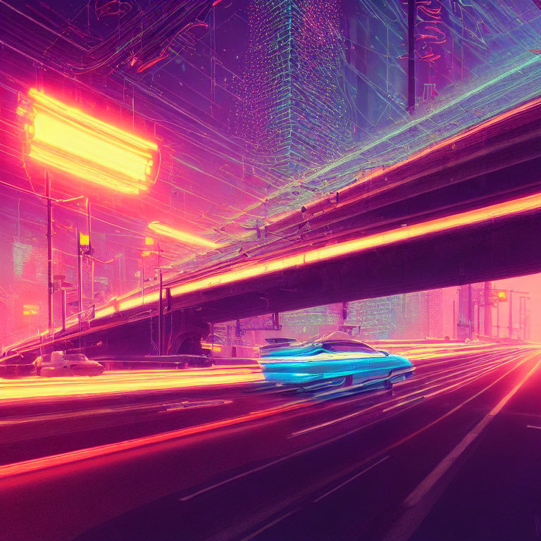 Futuristic cyberpunk cityscape at night with neon lights and flying cars