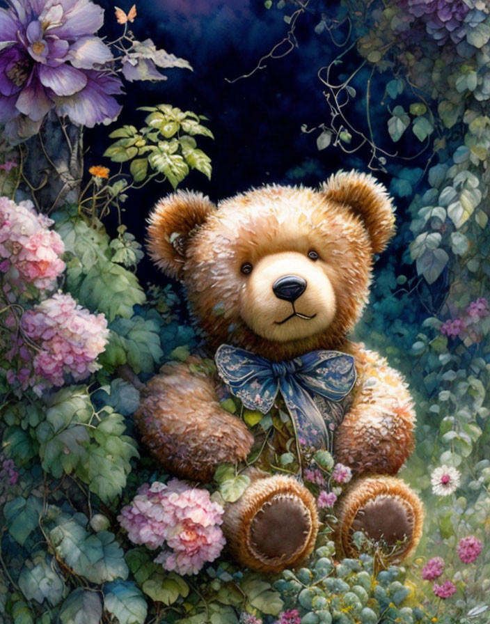 Plush Teddy Bear Surrounded by Blooming Flowers