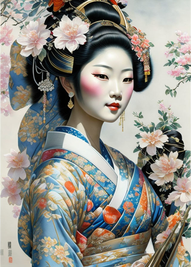 Geisha portrait with elaborate hair decorations and floral kimono