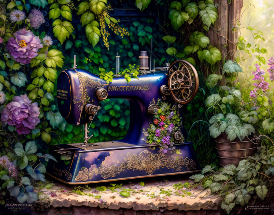 Vintage Sewing Machine with Floral Decor on Greenery Background