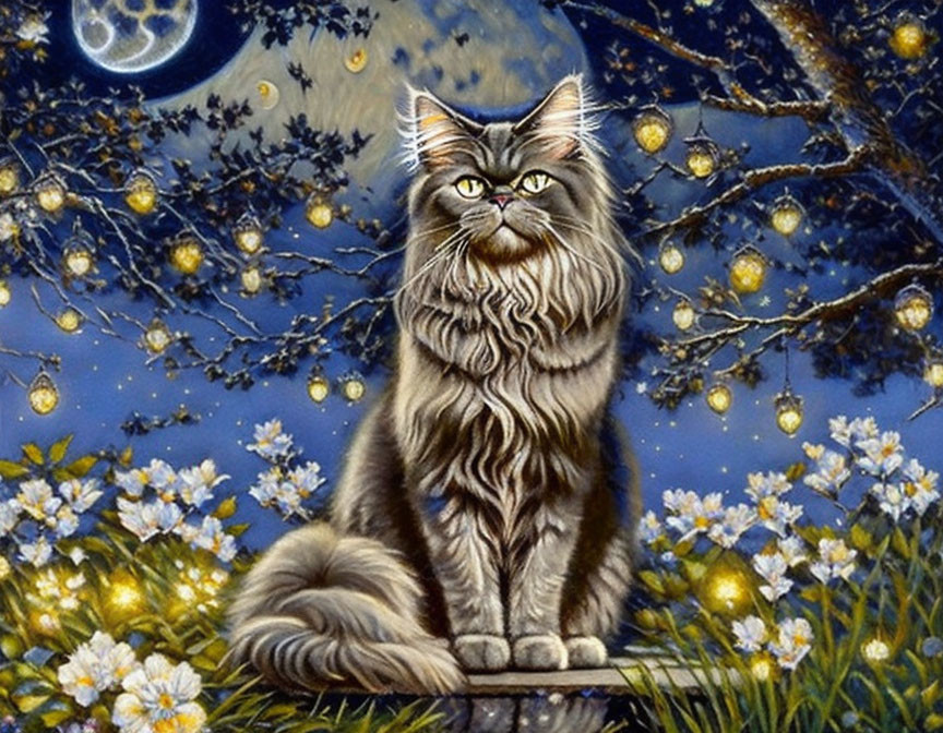 Long-haired cat under starry night sky with full moon and glowing lanterns