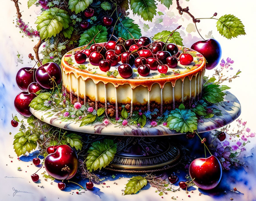 Decadent cherry-topped cheesecake with fresh cherries and green leaves on elegant stand surrounded by