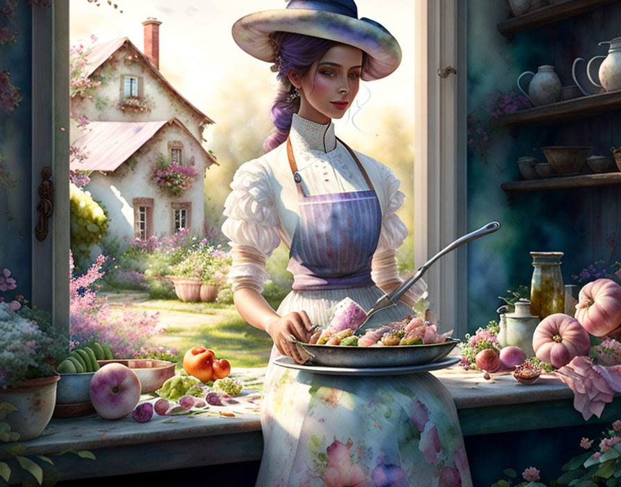 Vintage attire woman cooking in pastoral setting with cottage and garden.