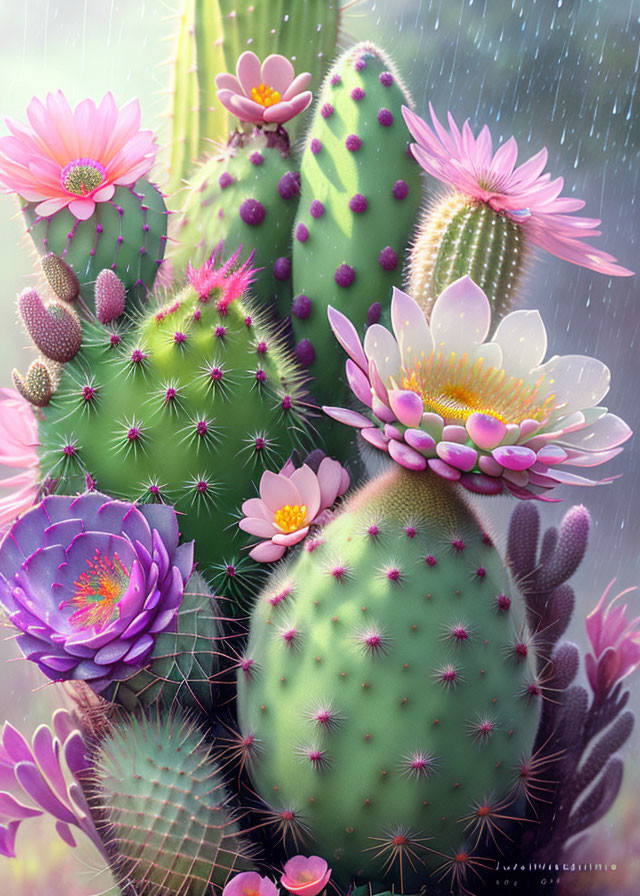 Colorful Blooming Cacti Collection with Water Droplets