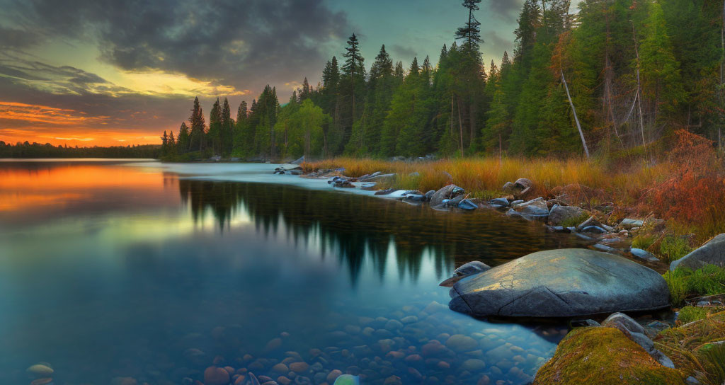 Serene Sunset Lake Reflecting Forest and Rocks