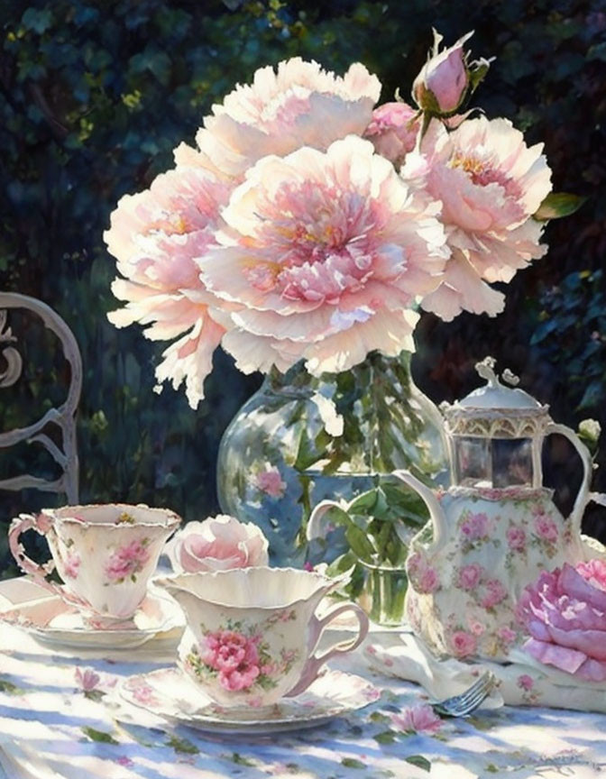 Still life painting: Table setting with pink peonies, floral teacups, and sugar pot