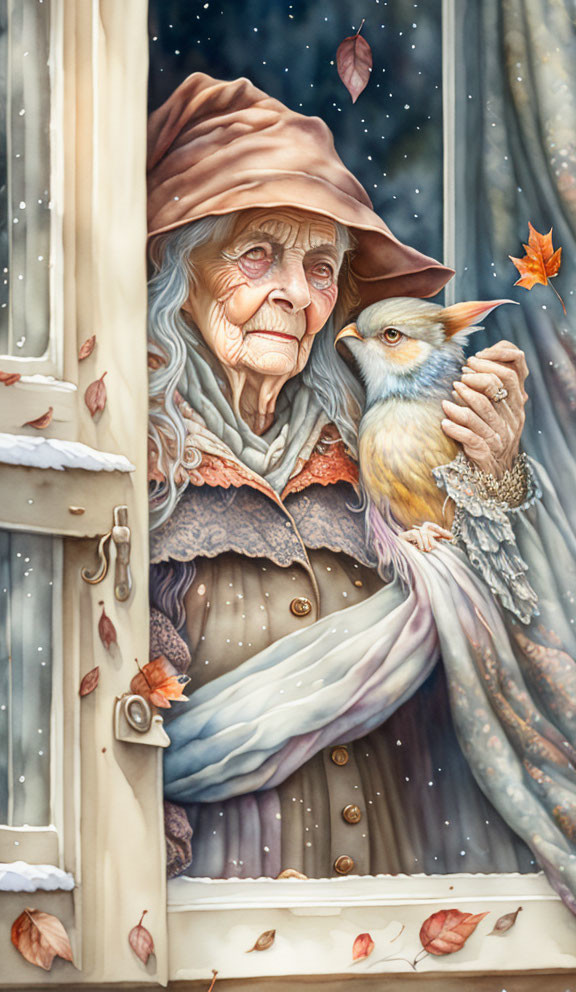 Elderly woman in layered cloak with fantastical blue bird by snowy window