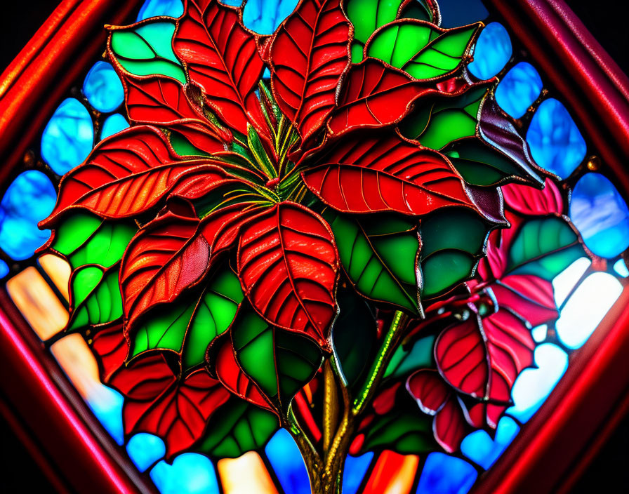 Colorful Stained Glass Artwork: Red and Green Poinsettia on Blue Background in Wooden