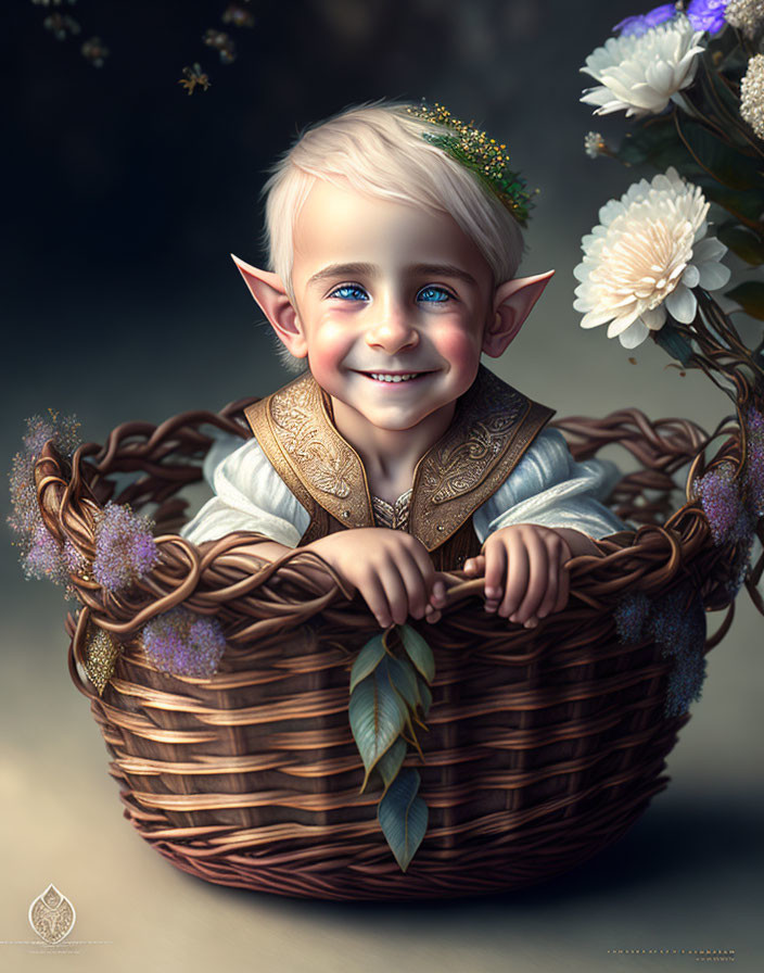 Illustrated young elf in wicker basket with flowers and leaves