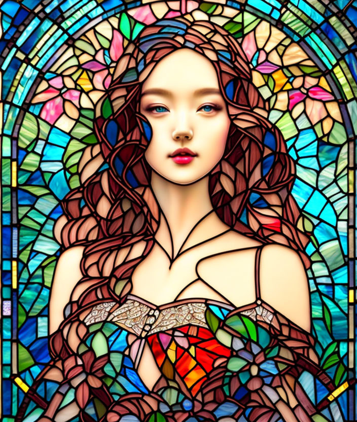 Stylized woman with flowing hair against colorful stained glass backdrop