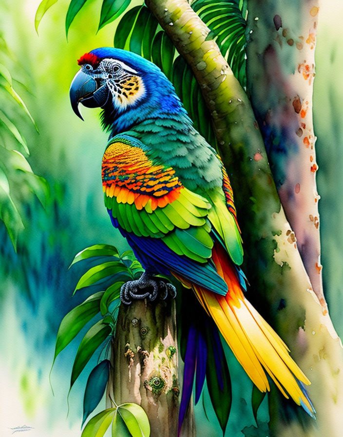 Vibrant parrot with blue, green, and yellow feathers on forest branch