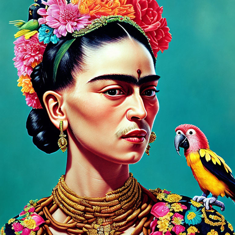 Portrait of woman with floral headpiece, unibrow, and parrot on teal background