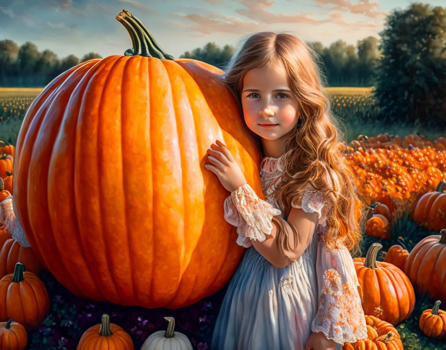 Blonde girl in white dress with giant pumpkin at sunset