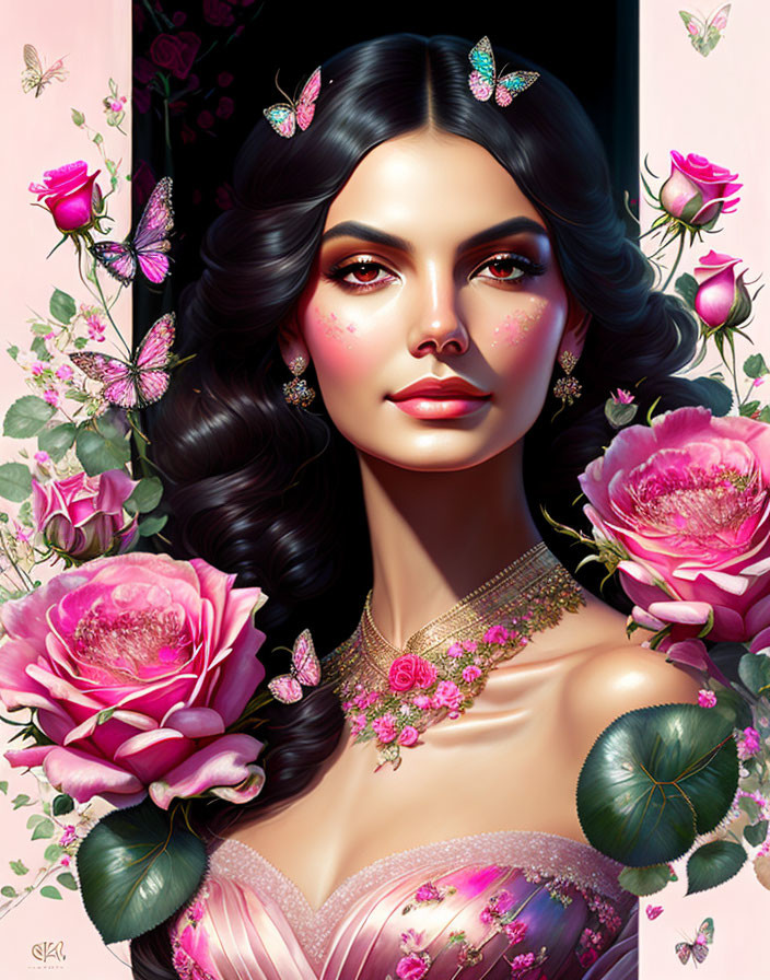 Digital Portrait of Woman with Dark Hair and Pink Roses, Butterflies, and Floral Necklace