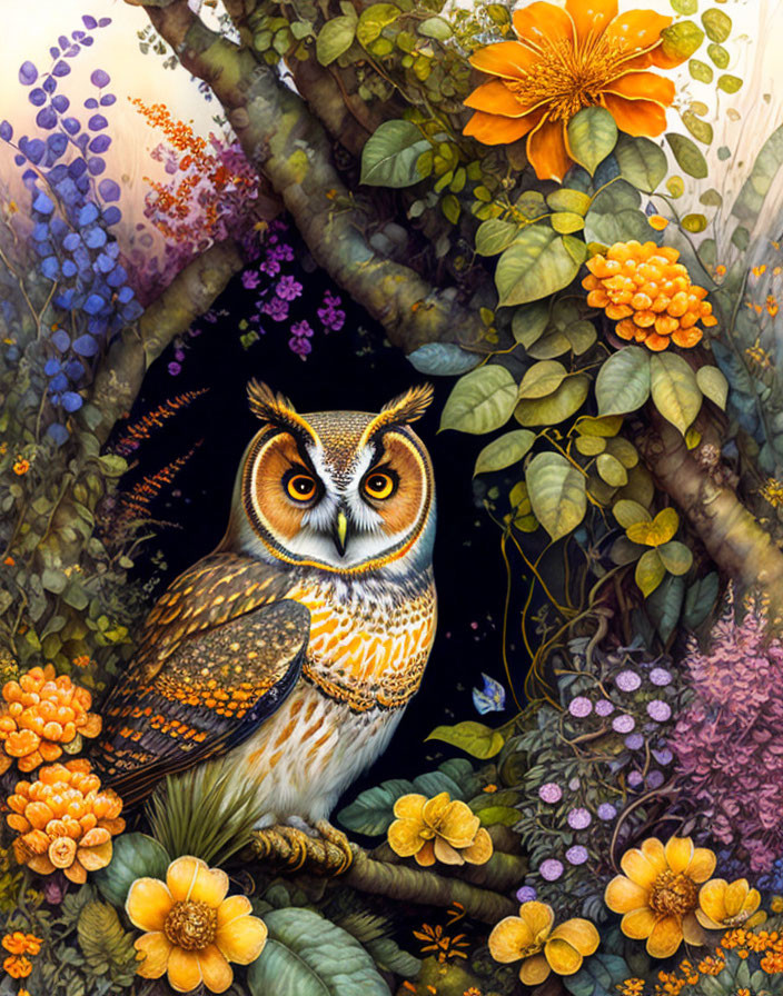 Colorful Owl Among Flowers in Whimsical Forest