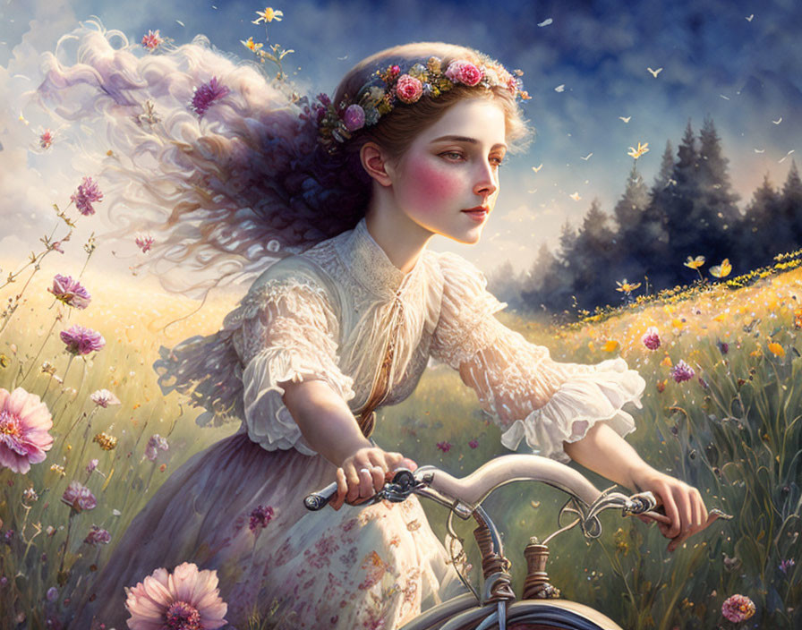 Woman in floral dress rides bicycle through flower meadow at twilight