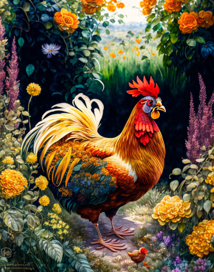 Vibrant rooster and chick amidst colorful flowers in lush garden