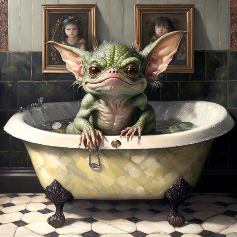 Whimsical baby gremlin creature in bathtub surrounded by ornate tiles and vintage portraits