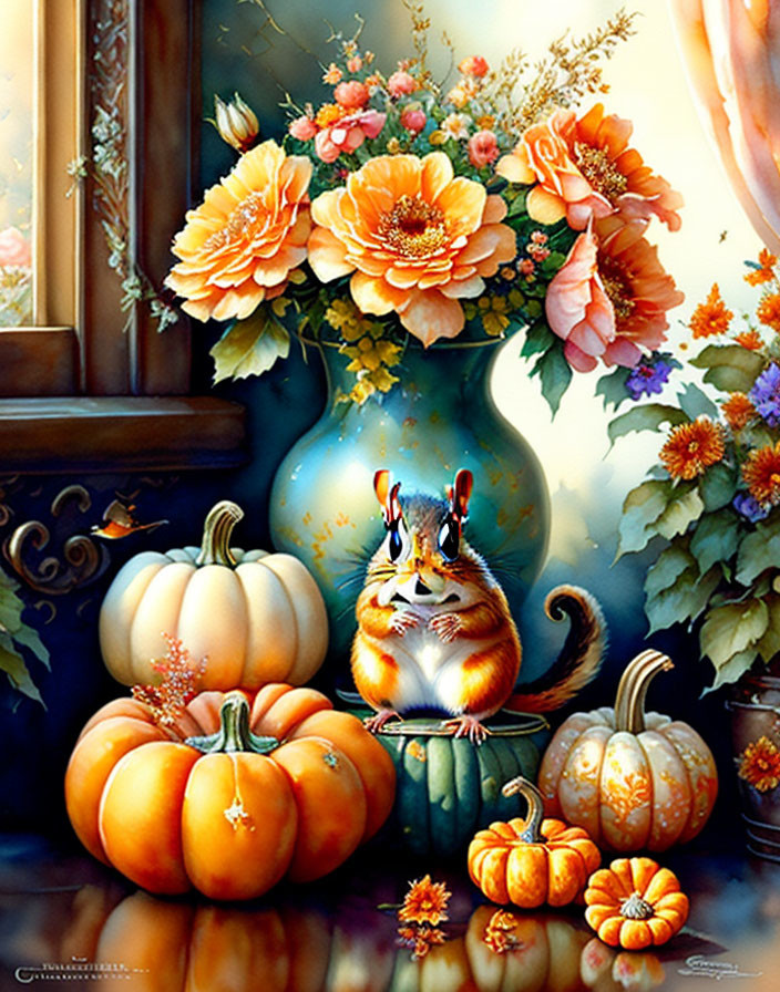 Chubby chipmunk surrounded by pumpkins and flowers in sunny window